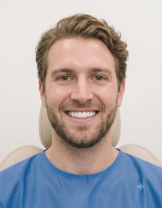 A person having a perfect smile after teeth whitening at dentistry by a dentist.